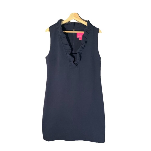 LILLY PULITZER TISBURY Womens L True Navy Ruffle V-Neck Sleeveless Shift Dress - Picture 2 of 9